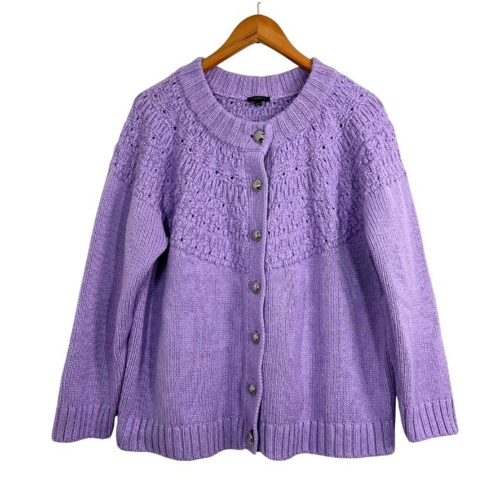 Talbots Womens Purple Pointelle Yoke Cardigan Silver Crest Button Sweater Large
